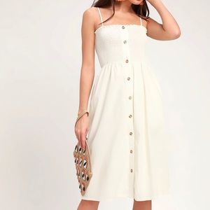 Cream Smocked Button Front Midi Dress